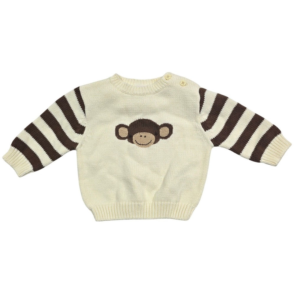Gymboree Baby Boy Monkey Intarsia Striped Cotton Sweater Cream Brown 3-6 VTG Y2K